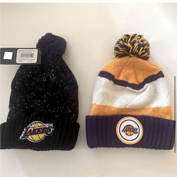 LA Lakers Bundle of 2 Mitchell & Ness + OTS NBA Logo Knit Cuffed Beanie Hats - Picture 1 of 11